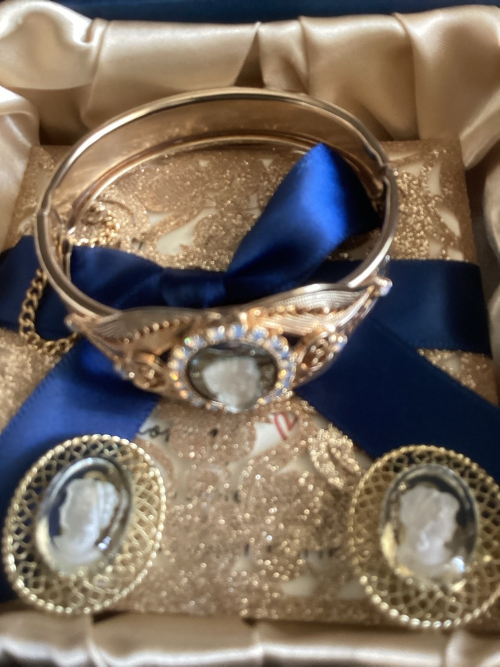 Gold Cameo Openwork Bracelet and Earrings Set - Gold Color Whiting&Davis
